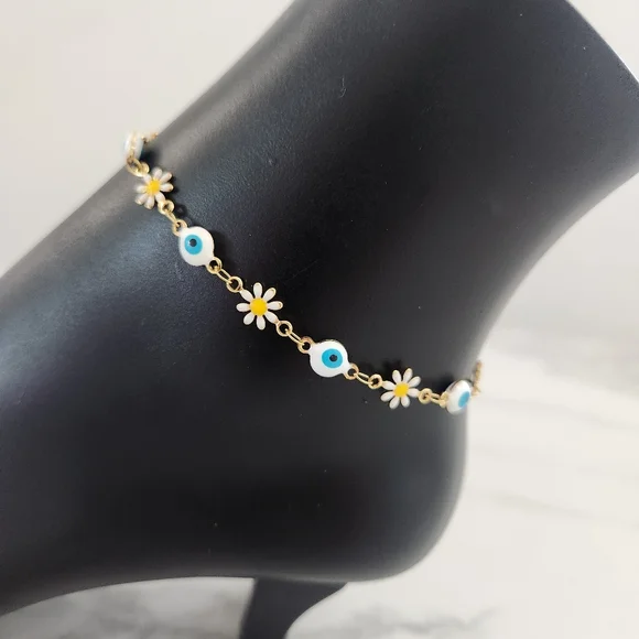 Stainless Steel White Blossom Evil Eye Gold Plated Floral Charm Anklet Bracelet - Picture 4 of 15